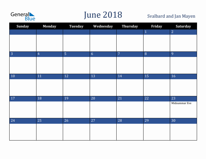 June 2018 Svalbard and Jan Mayen Calendar (Sunday Start)