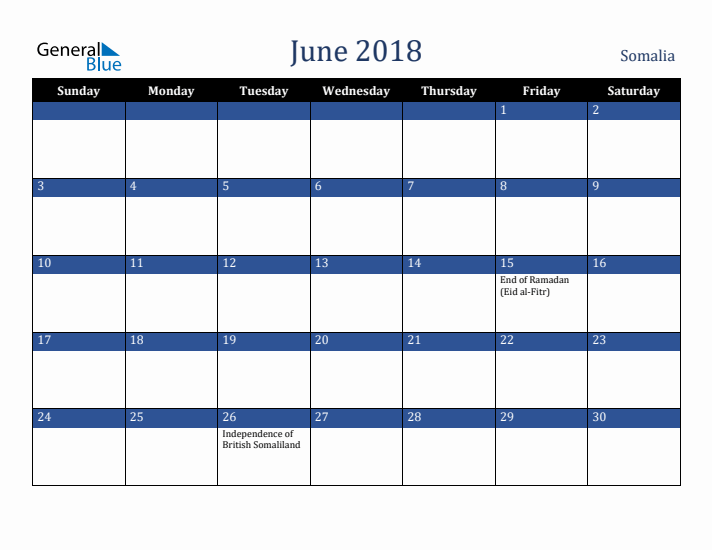 June 2018 Somalia Calendar (Sunday Start)