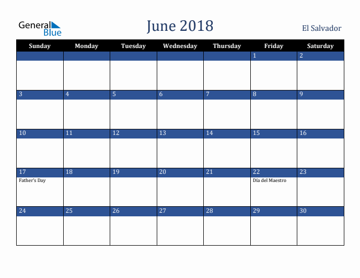 June 2018 El Salvador Calendar (Sunday Start)