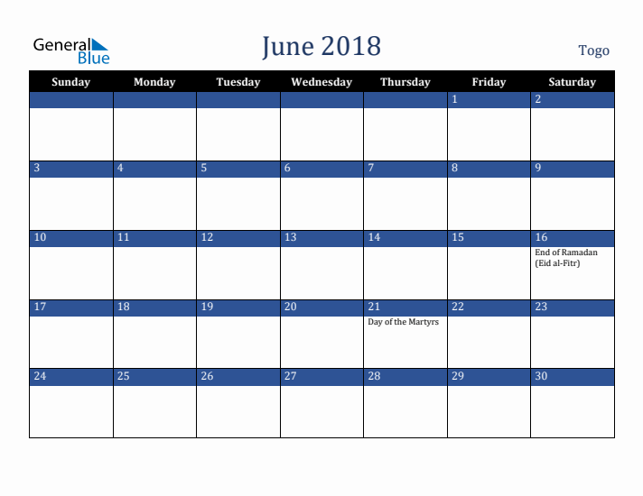 June 2018 Togo Calendar (Sunday Start)