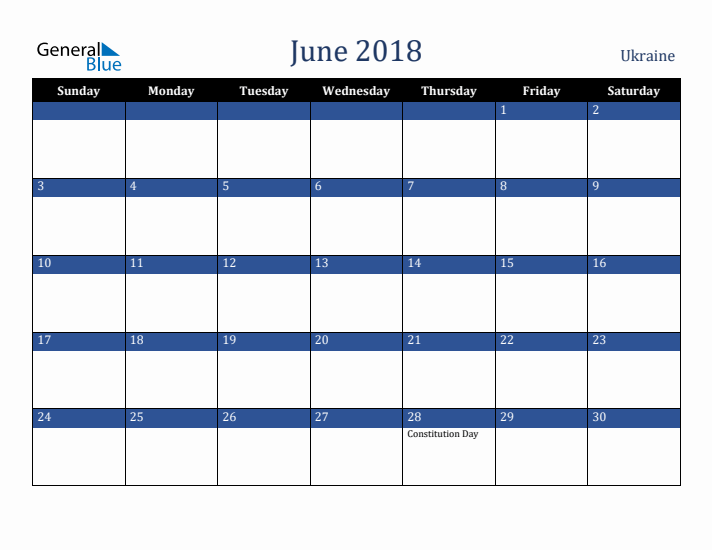 June 2018 Ukraine Calendar (Sunday Start)