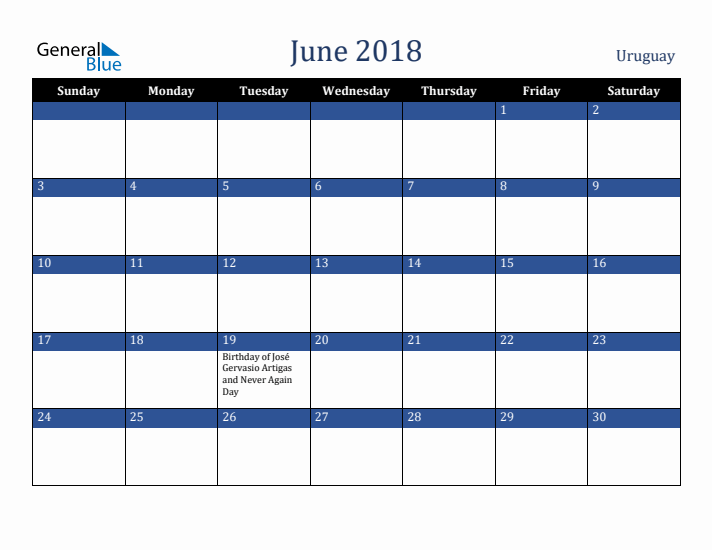 June 2018 Uruguay Calendar (Sunday Start)