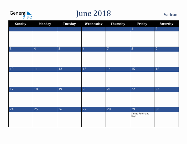 June 2018 Vatican Calendar (Sunday Start)