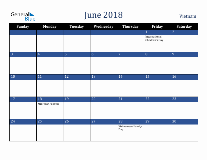 June 2018 Vietnam Calendar (Sunday Start)