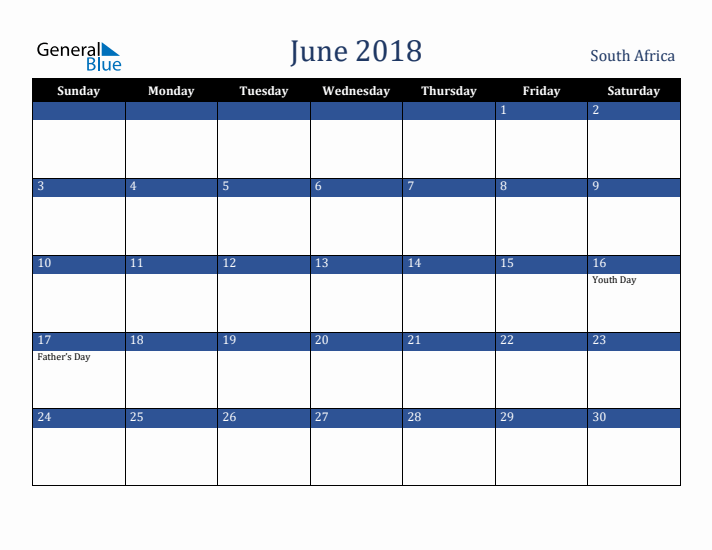 June 2018 South Africa Calendar (Sunday Start)