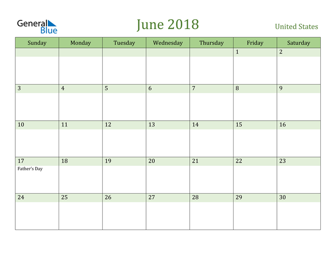 united states june 2018 calendar with holidays