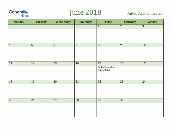 June 2018 Calendar with United Arab Emirates Holidays