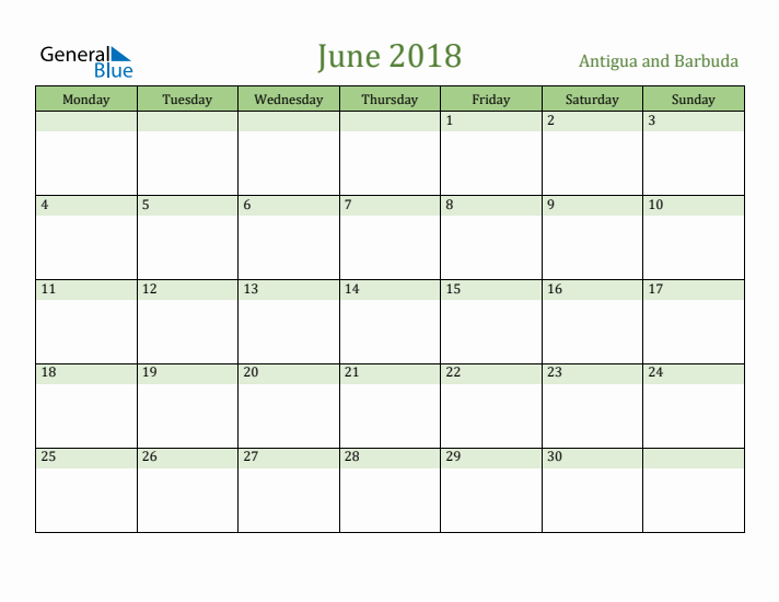 June 2018 Calendar with Antigua and Barbuda Holidays