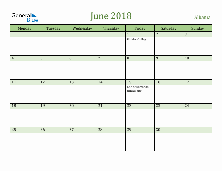 June 2018 Calendar with Albania Holidays