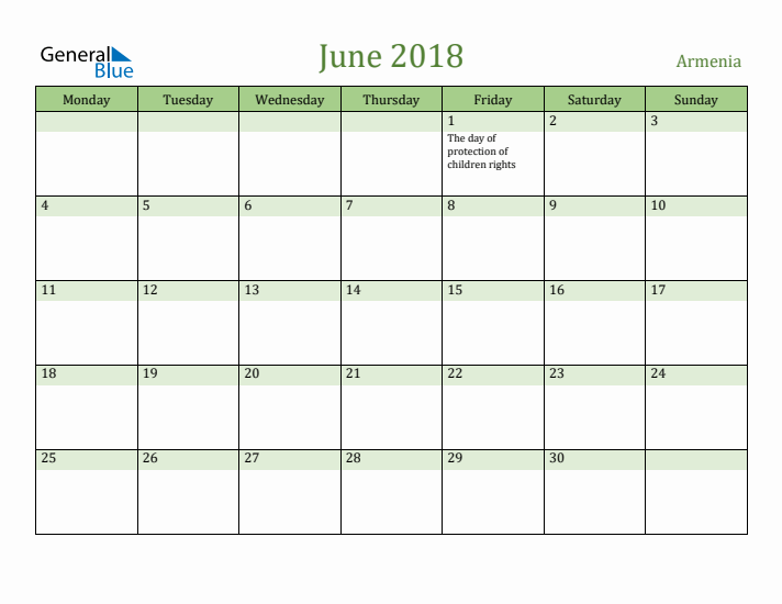 June 2018 Calendar with Armenia Holidays
