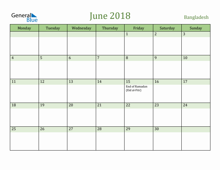 June 2018 Calendar with Bangladesh Holidays