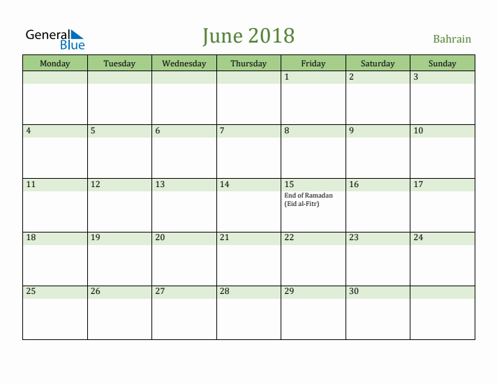 June 2018 Calendar with Bahrain Holidays