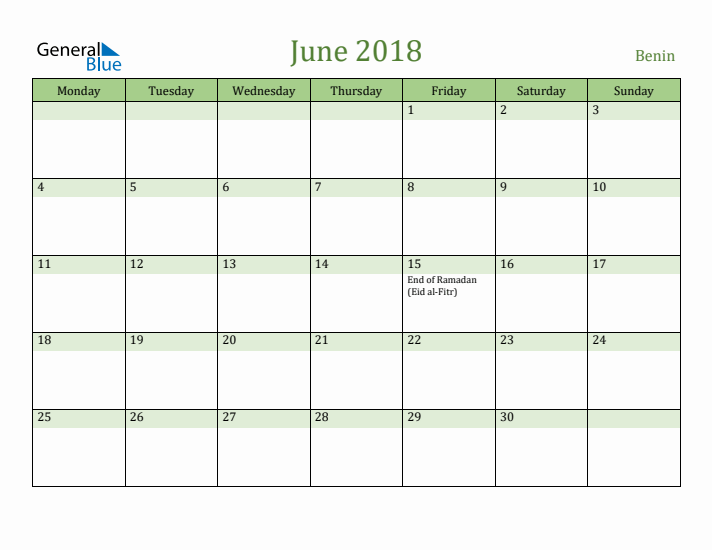 June 2018 Calendar with Benin Holidays