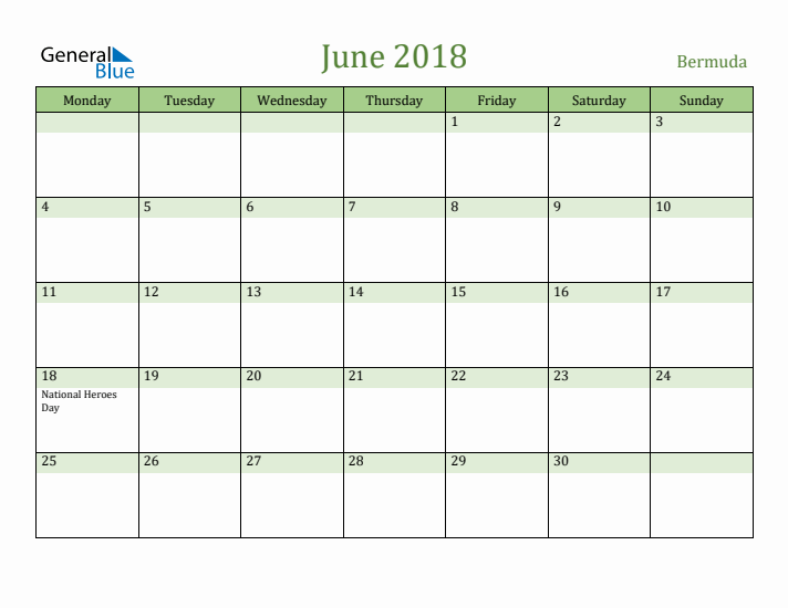 June 2018 Calendar with Bermuda Holidays