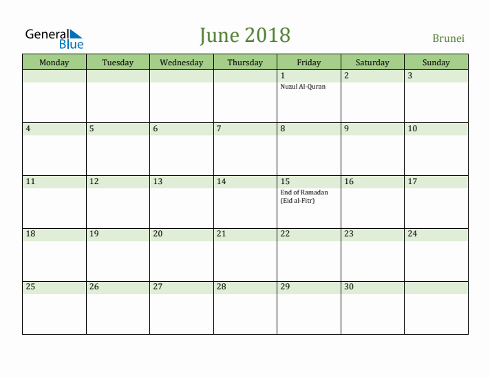 June 2018 Calendar with Brunei Holidays