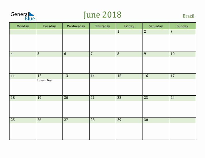 June 2018 Calendar with Brazil Holidays