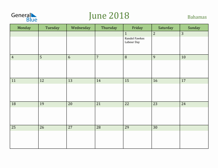 June 2018 Calendar with Bahamas Holidays