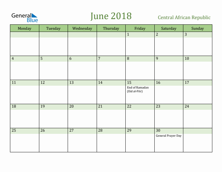June 2018 Calendar with Central African Republic Holidays