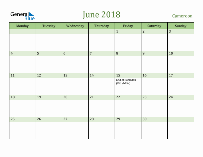 June 2018 Calendar with Cameroon Holidays