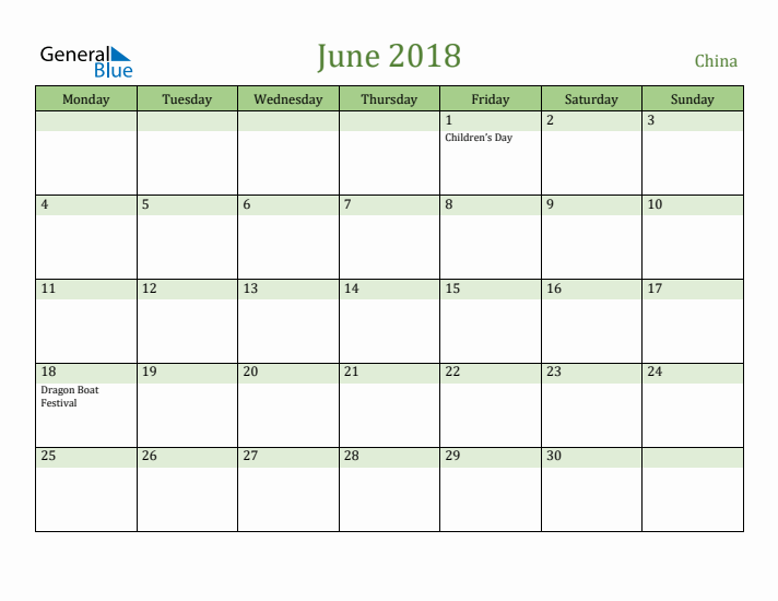 June 2018 Calendar with China Holidays