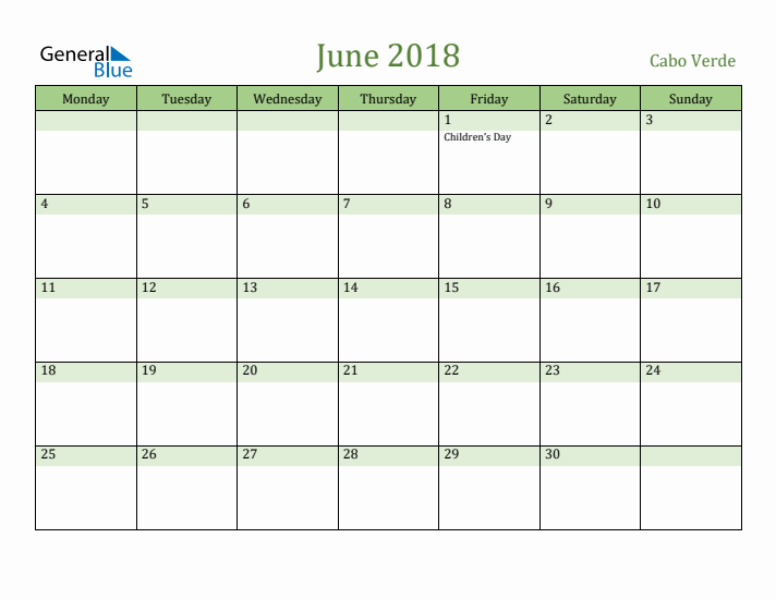 June 2018 Calendar with Cabo Verde Holidays
