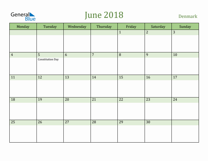 June 2018 Calendar with Denmark Holidays