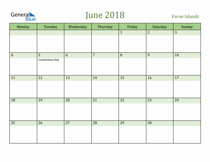 June 2018 Calendar with Faroe Islands Holidays