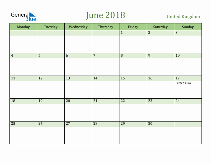June 2018 Calendar with United Kingdom Holidays
