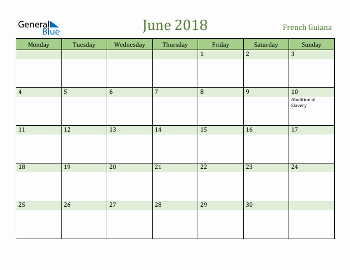 June 2018 Calendar with French Guiana Holidays