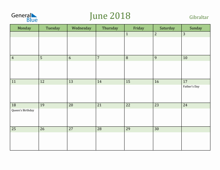 June 2018 Calendar with Gibraltar Holidays