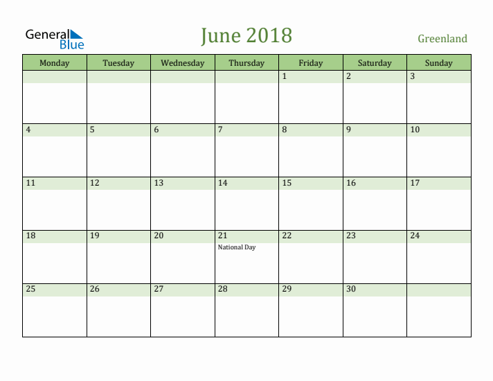 June 2018 Calendar with Greenland Holidays