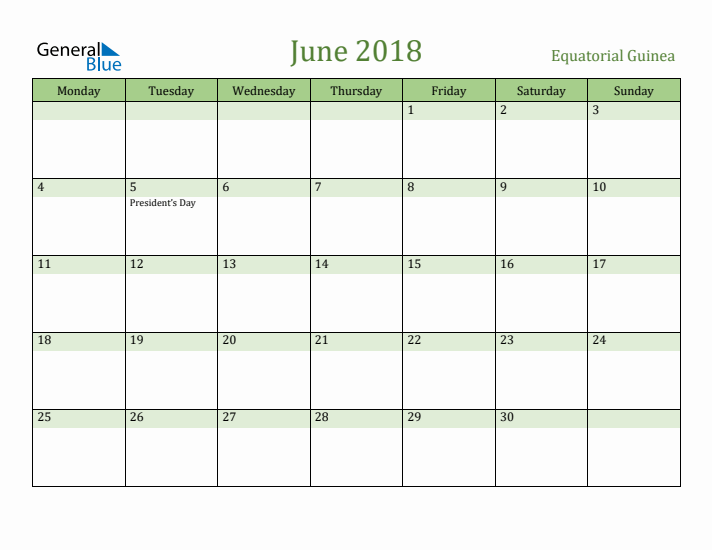 June 2018 Calendar with Equatorial Guinea Holidays