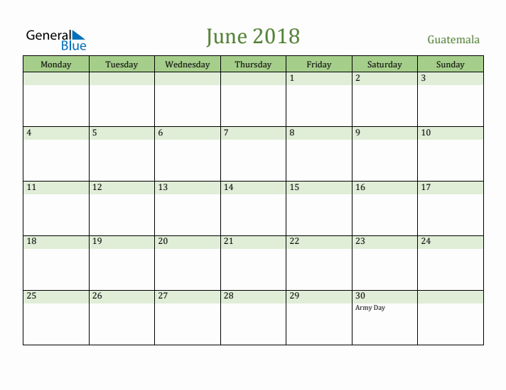 June 2018 Calendar with Guatemala Holidays