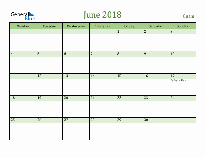 June 2018 Calendar with Guam Holidays