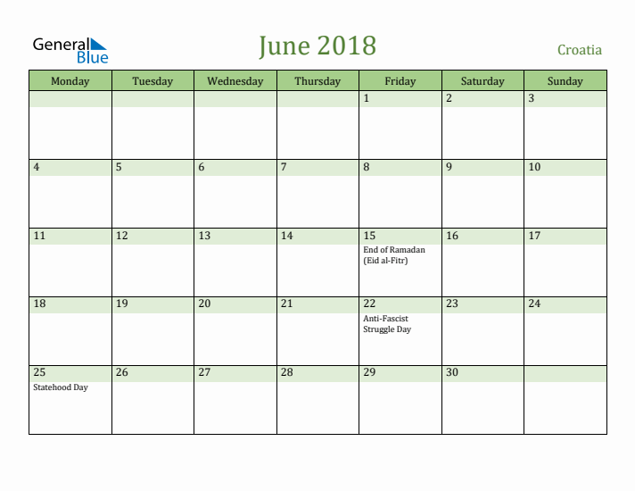June 2018 Calendar with Croatia Holidays