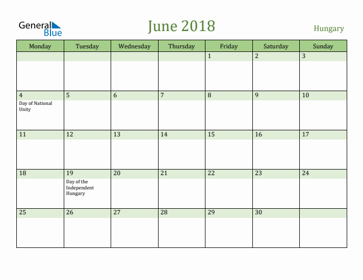 June 2018 Calendar with Hungary Holidays
