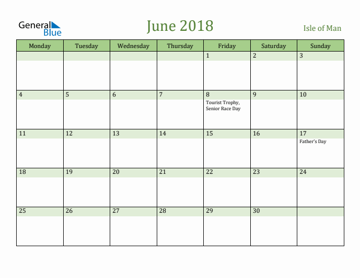 June 2018 Calendar with Isle of Man Holidays