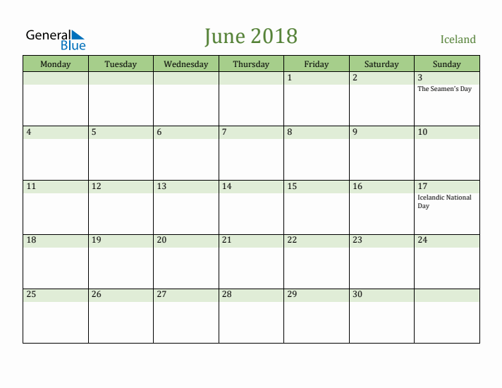 June 2018 Calendar with Iceland Holidays