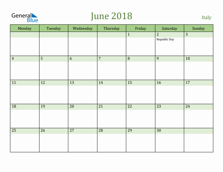 June 2018 Calendar with Italy Holidays