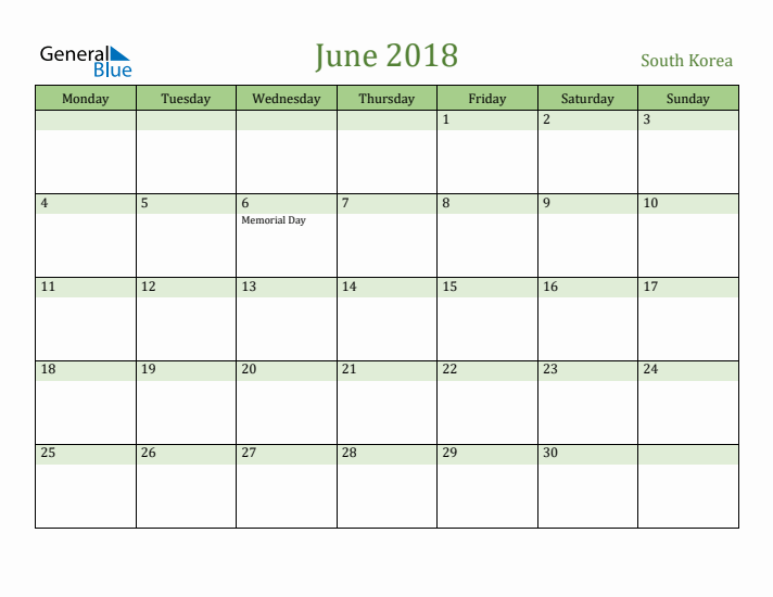 June 2018 Calendar with South Korea Holidays