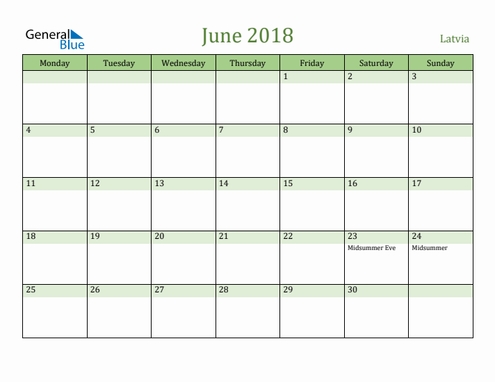 June 2018 Calendar with Latvia Holidays