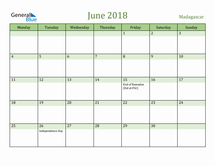 June 2018 Calendar with Madagascar Holidays