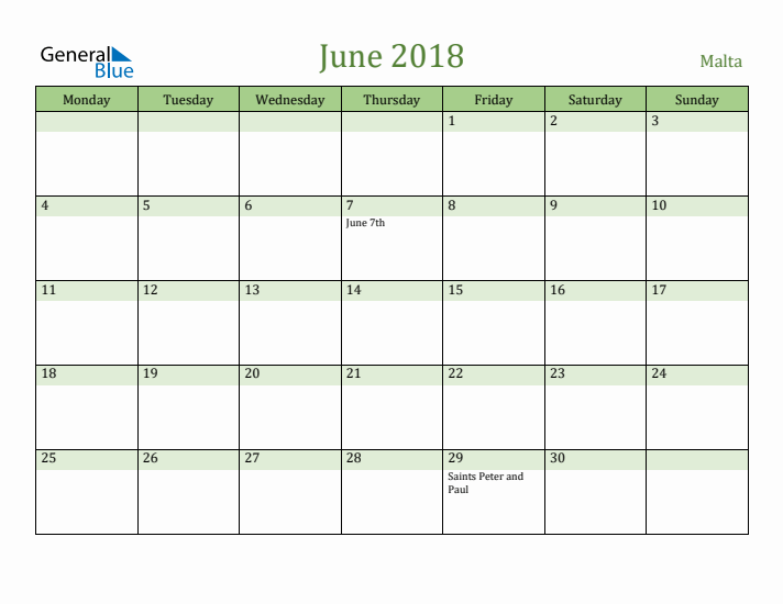 June 2018 Calendar with Malta Holidays