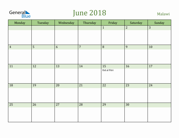 June 2018 Calendar with Malawi Holidays