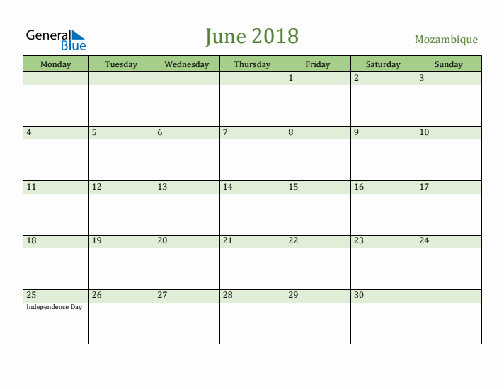 June 2018 Calendar with Mozambique Holidays