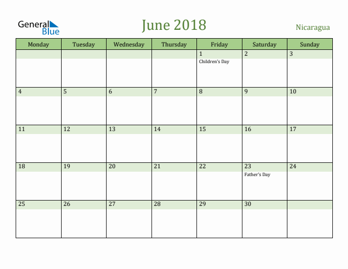 June 2018 Calendar with Nicaragua Holidays