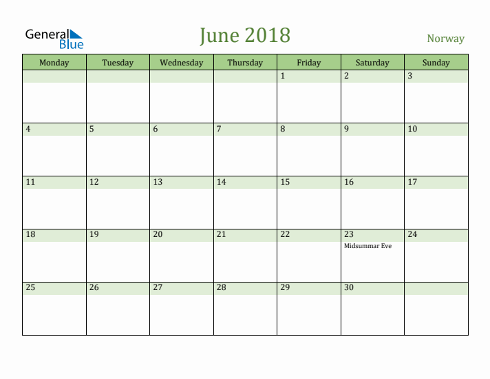 June 2018 Calendar with Norway Holidays