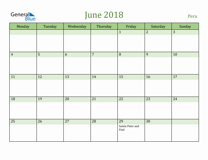 June 2018 Calendar with Peru Holidays
