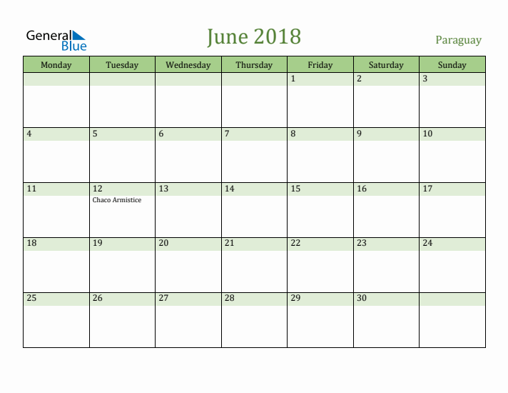 June 2018 Calendar with Paraguay Holidays