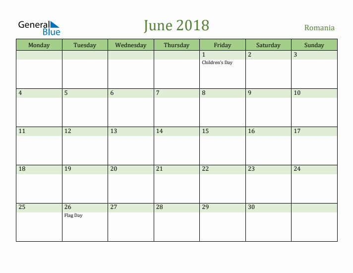 June 2018 Calendar with Romania Holidays